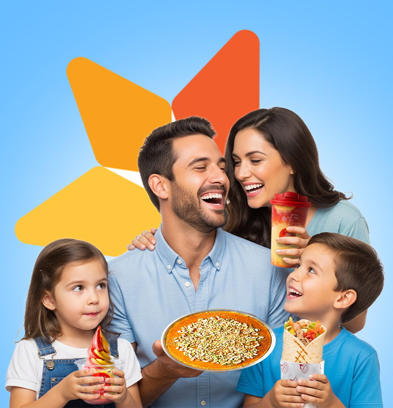 happy family mother, father , son and daughter holding Aseer time products